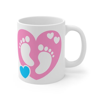 11oz Ceramic Mug. Pink Heart with baby foot prints inside and a blue heart. - Image 4