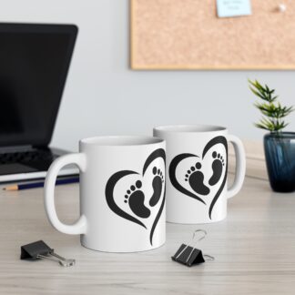 Black Heart with Baby Footprints inside. White Ceramic Mug 11oz