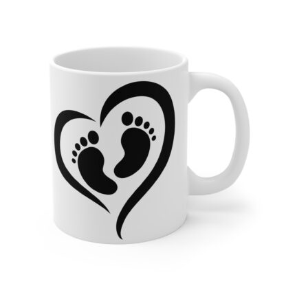 Black Heart with Baby Footprints inside. White Ceramic Mug 11oz - Image 4