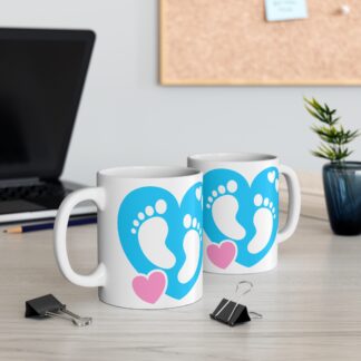 Blue Heart with Baby Feet and a Pink Heart | White Ceramic Mug 11oz