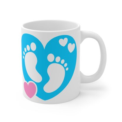 Blue Heart with Baby Feet and a Pink Heart | White Ceramic Mug 11oz - Image 4