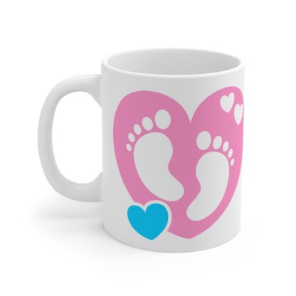 11oz Ceramic Mug. Pink Heart with baby foot prints inside and a blue heart. - Image 3