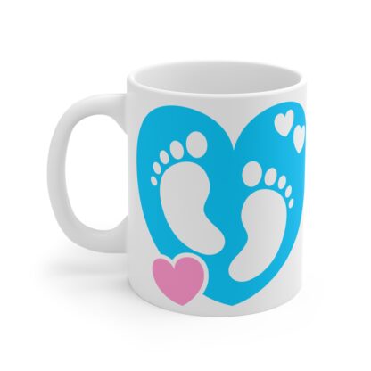 Blue Heart with Baby Feet and a Pink Heart | White Ceramic Mug 11oz - Image 3