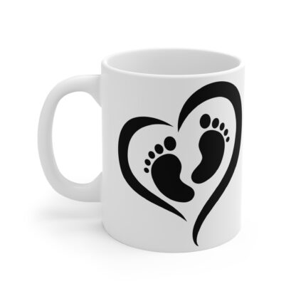 Black Heart with Baby Footprints inside. White Ceramic Mug 11oz - Image 3