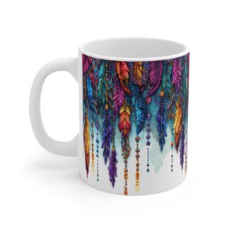 Beaded Feathers Mug - 11oz Colorful Art Coffee Cup