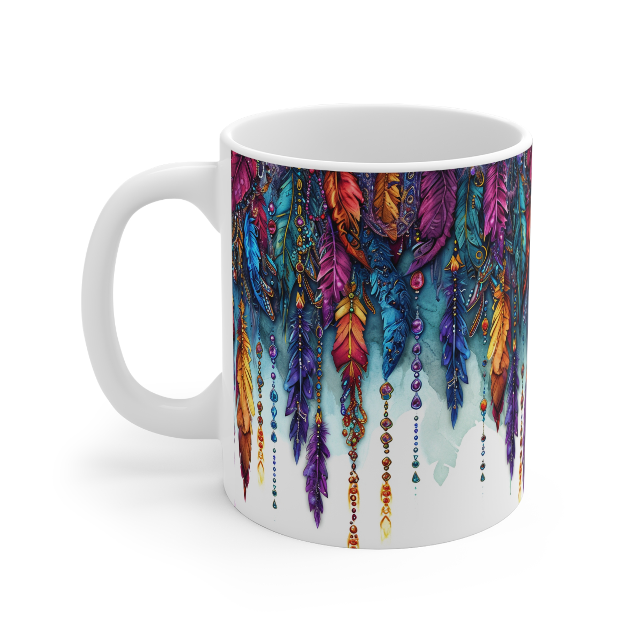Beaded Feathers Mug - 11oz Colorful Art Coffee Cup
