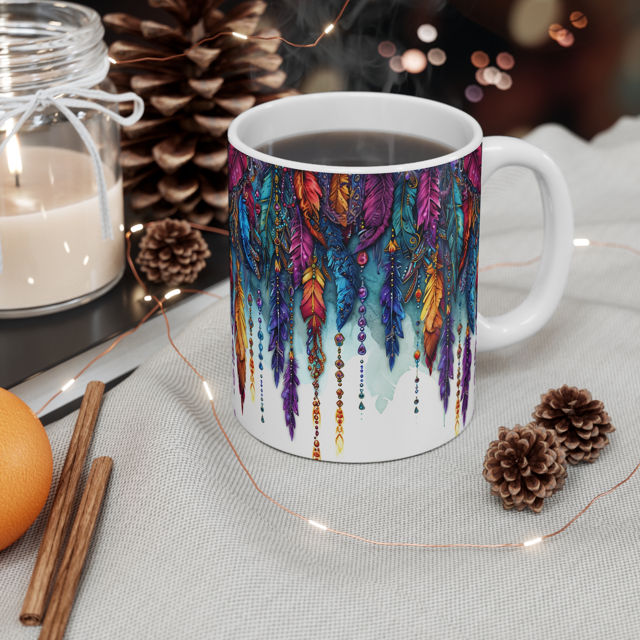Beaded Feathers Mug - 11oz Colorful Art Coffee Cup - Image 4
