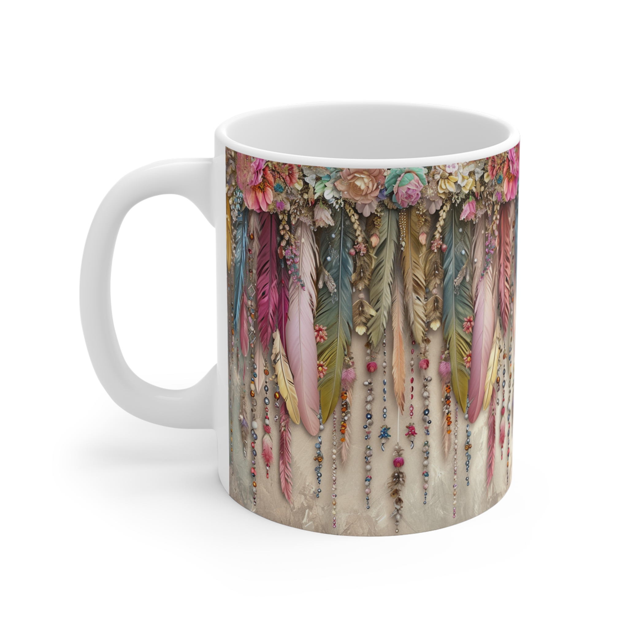 Bohemian Feather Design Mug - 11oz Coffee Cup for Nature Lovers - Image 2