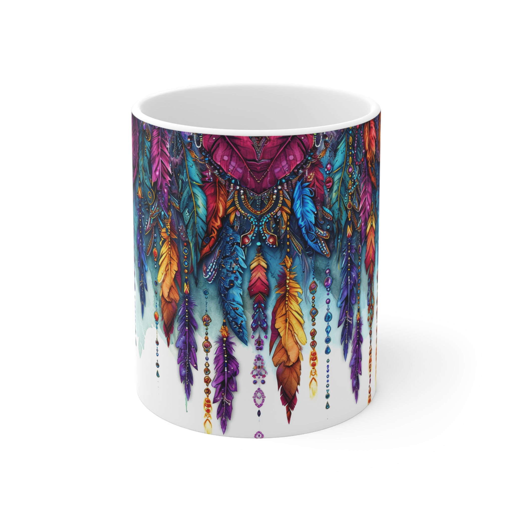 Beaded Feathers Mug - 11oz Colorful Art Coffee Cup - Image 2