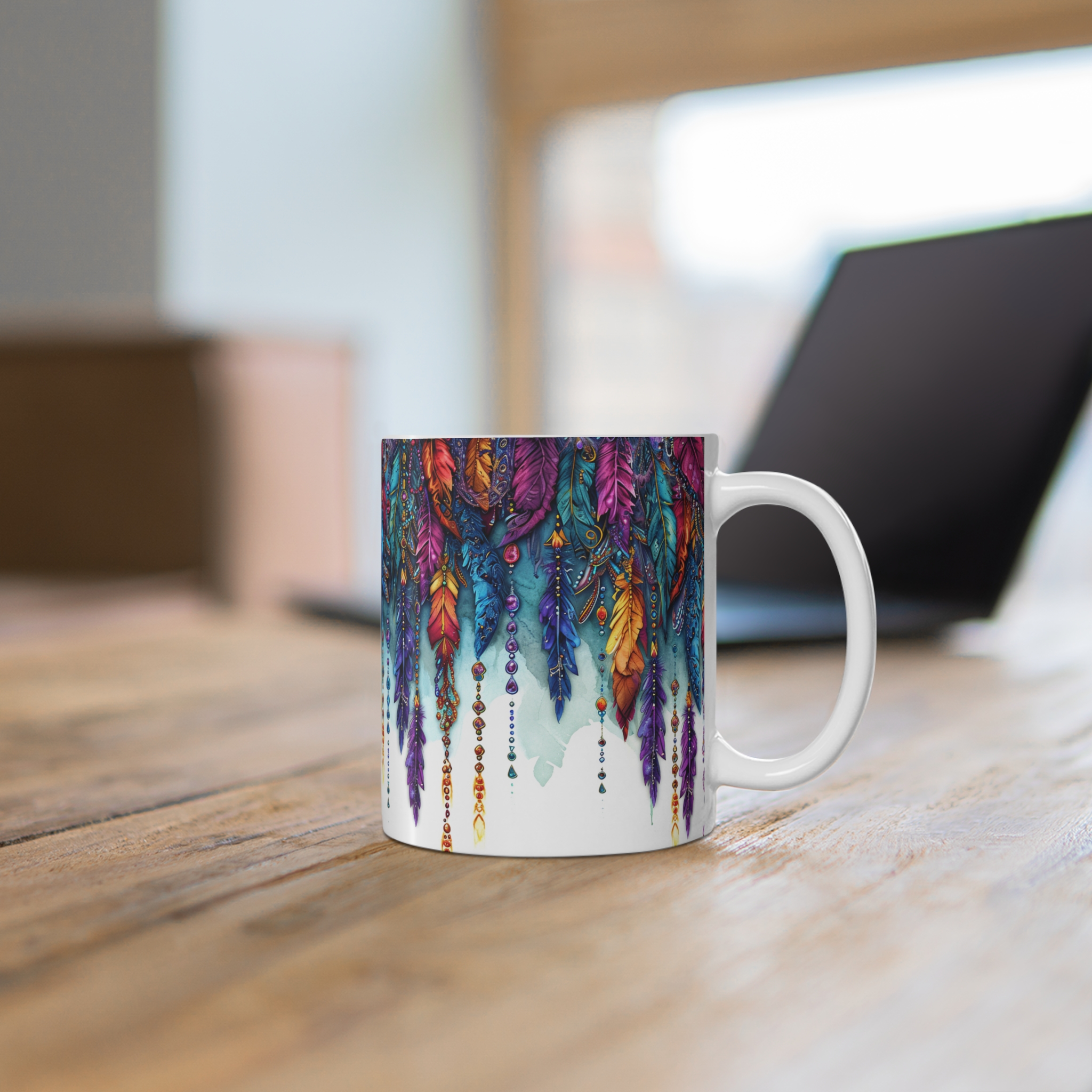 Beaded Feathers Mug - 11oz Colorful Art Coffee Cup - Image 6