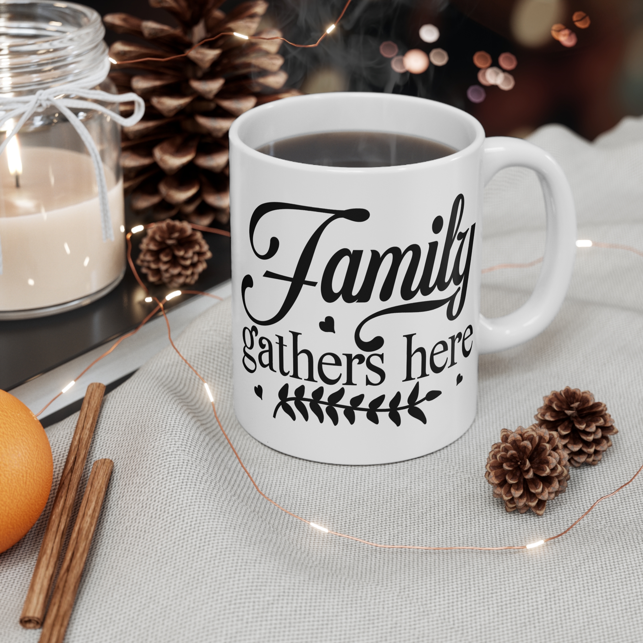 Family Gathers Here Mug - 11oz Ceramic Coffee Cup for Cozy Gatherings - Image 4