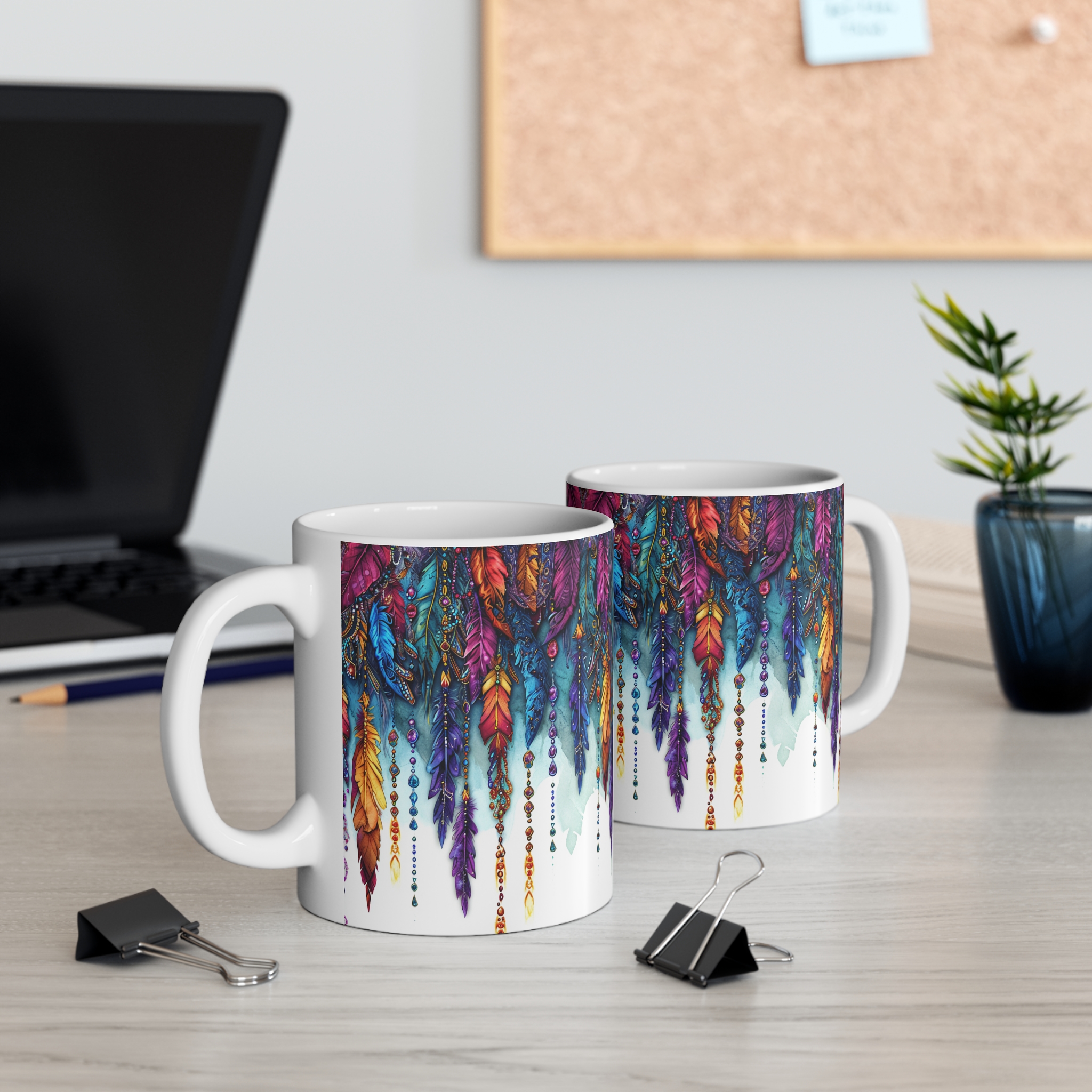 Beaded Feathers Mug - 11oz Colorful Art Coffee Cup - Image 5