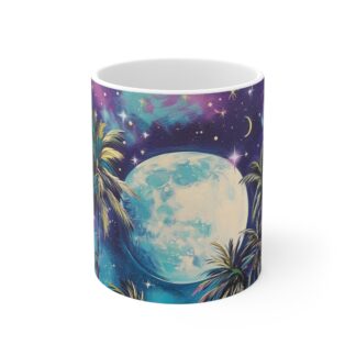 Full Moon Island Mug - 11oz Coffee Cup with Palm Trees and Galaxy Design