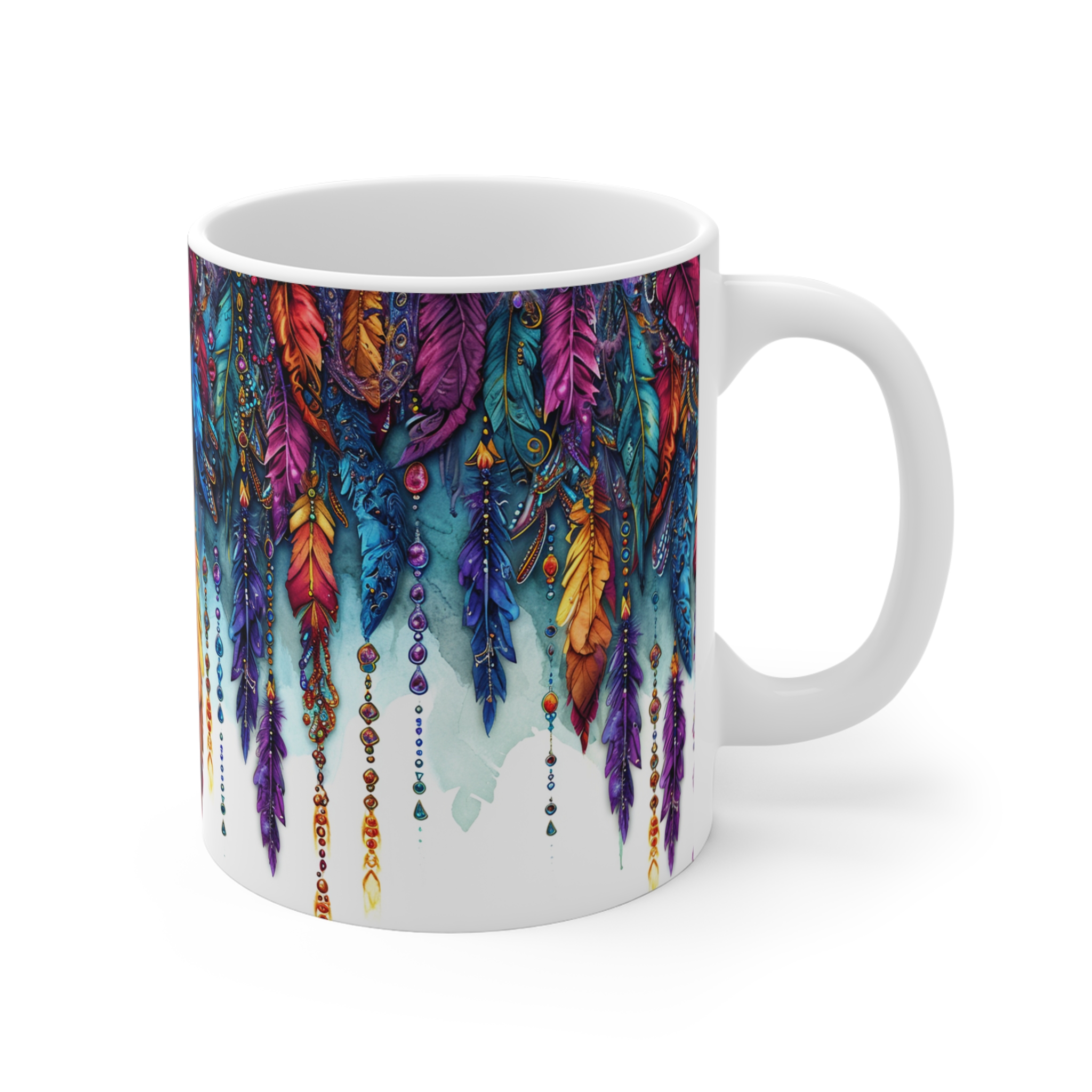 Beaded Feathers Mug - 11oz Colorful Art Coffee Cup - Image 3
