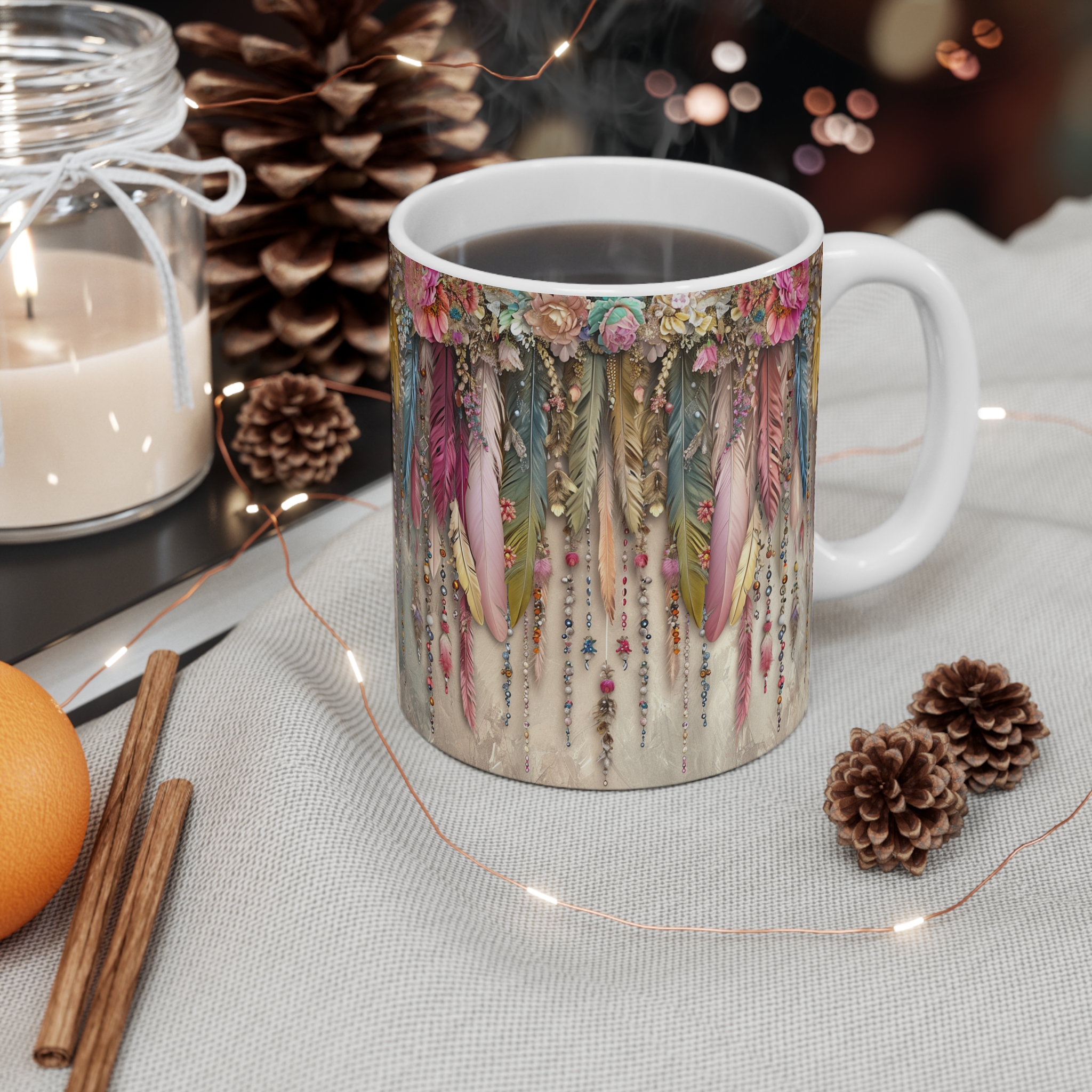 Bohemian Feather Design Mug - 11oz Coffee Cup for Nature Lovers - Image 4