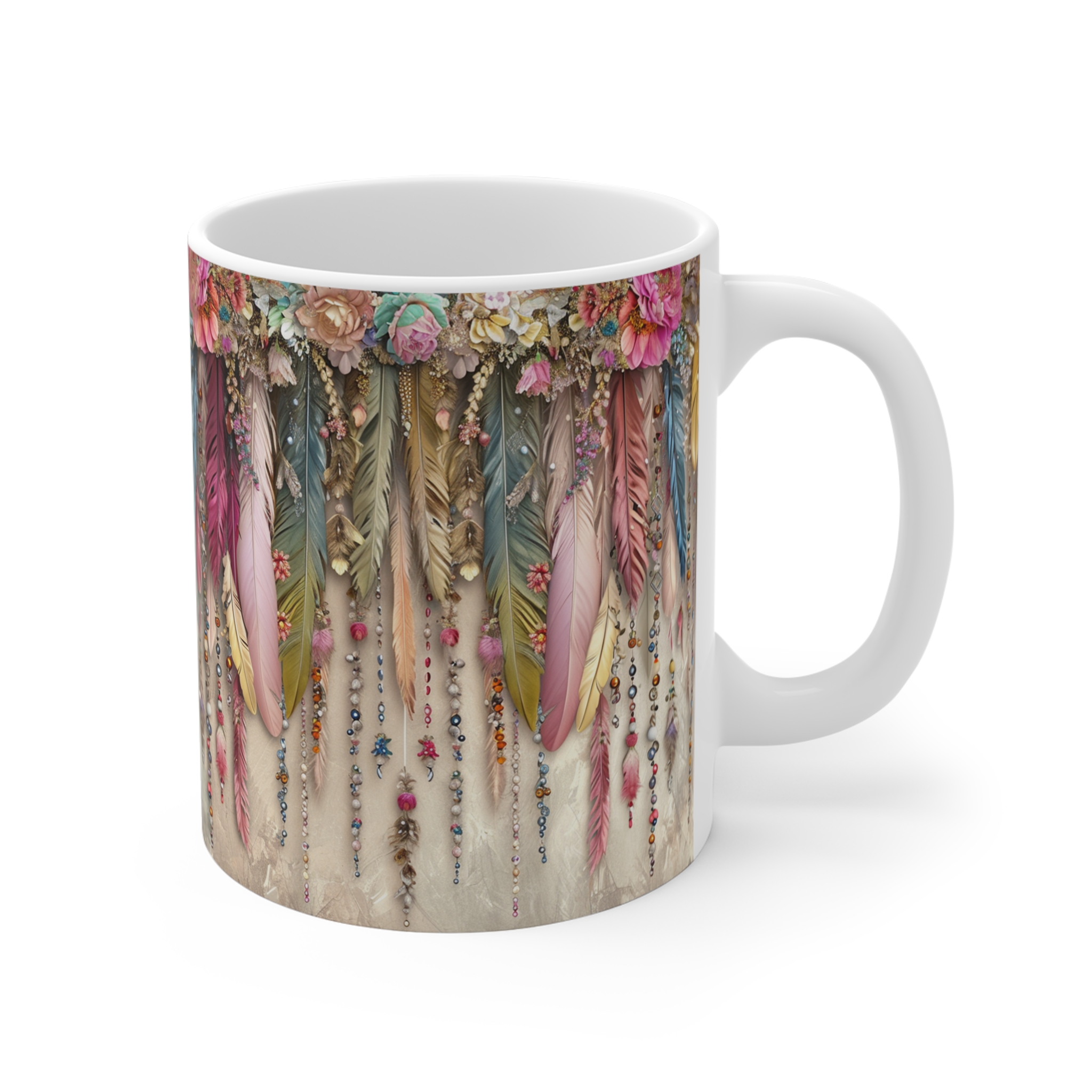Bohemian Feather Design Mug - 11oz Coffee Cup for Nature Lovers - Image 3