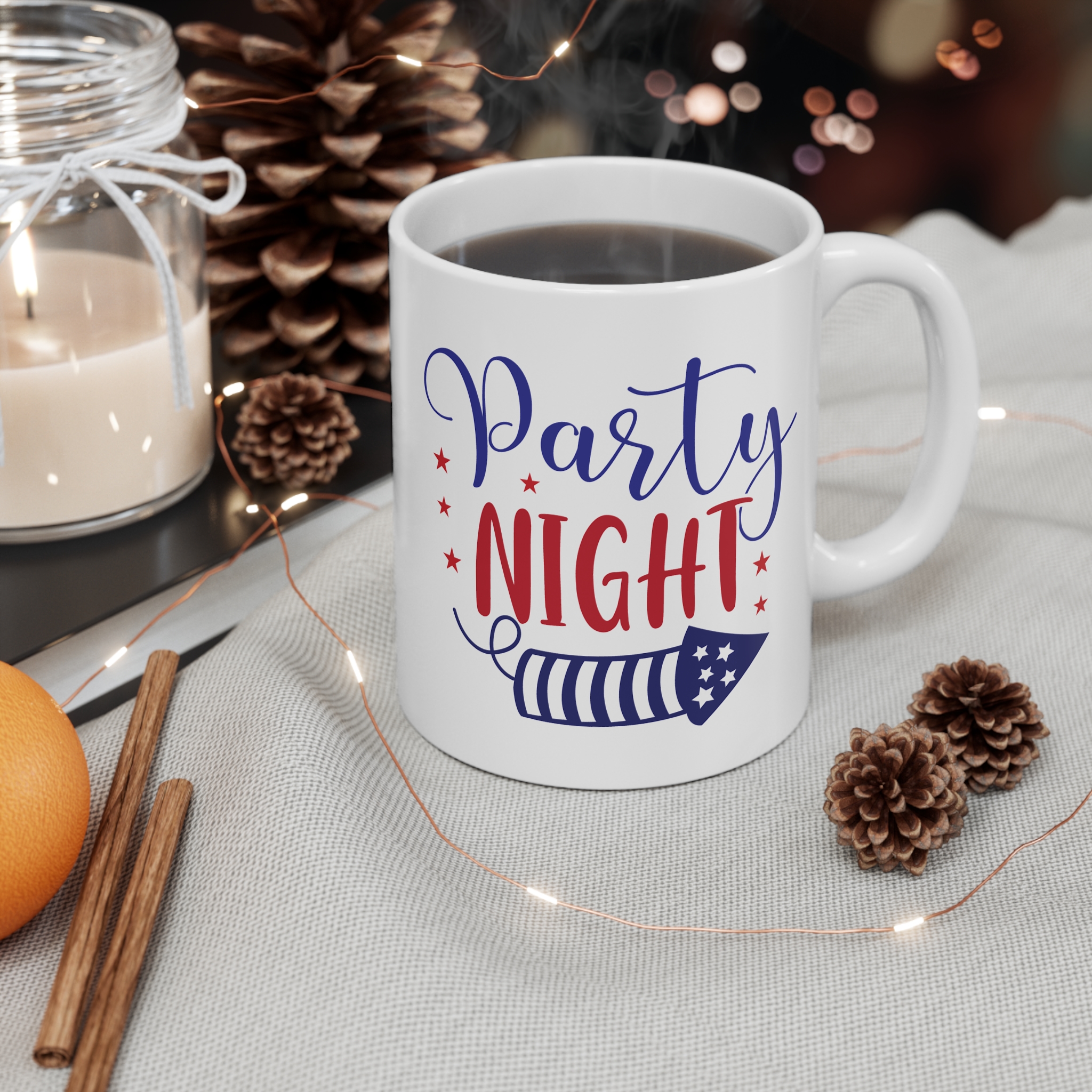 Party Night Mug — 11oz Patriotic Fireworks Coffee Cup (4th of July Celebration)