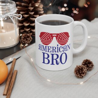 American Bro Mug — Patriotic 11oz Coffee Cup with Flag Sunglasses Design
