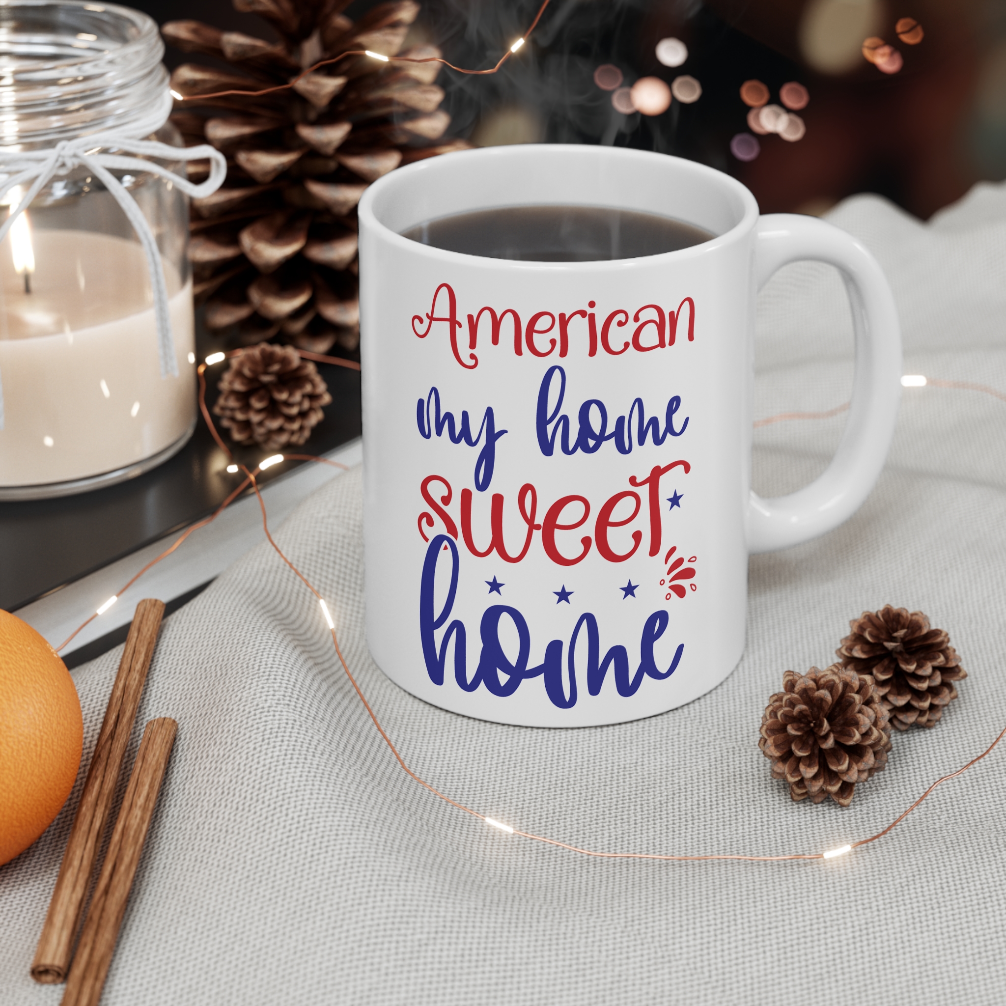 American My Home Sweet Home Mug — Patriotic 11oz Coffee Cup (Red & Blue)