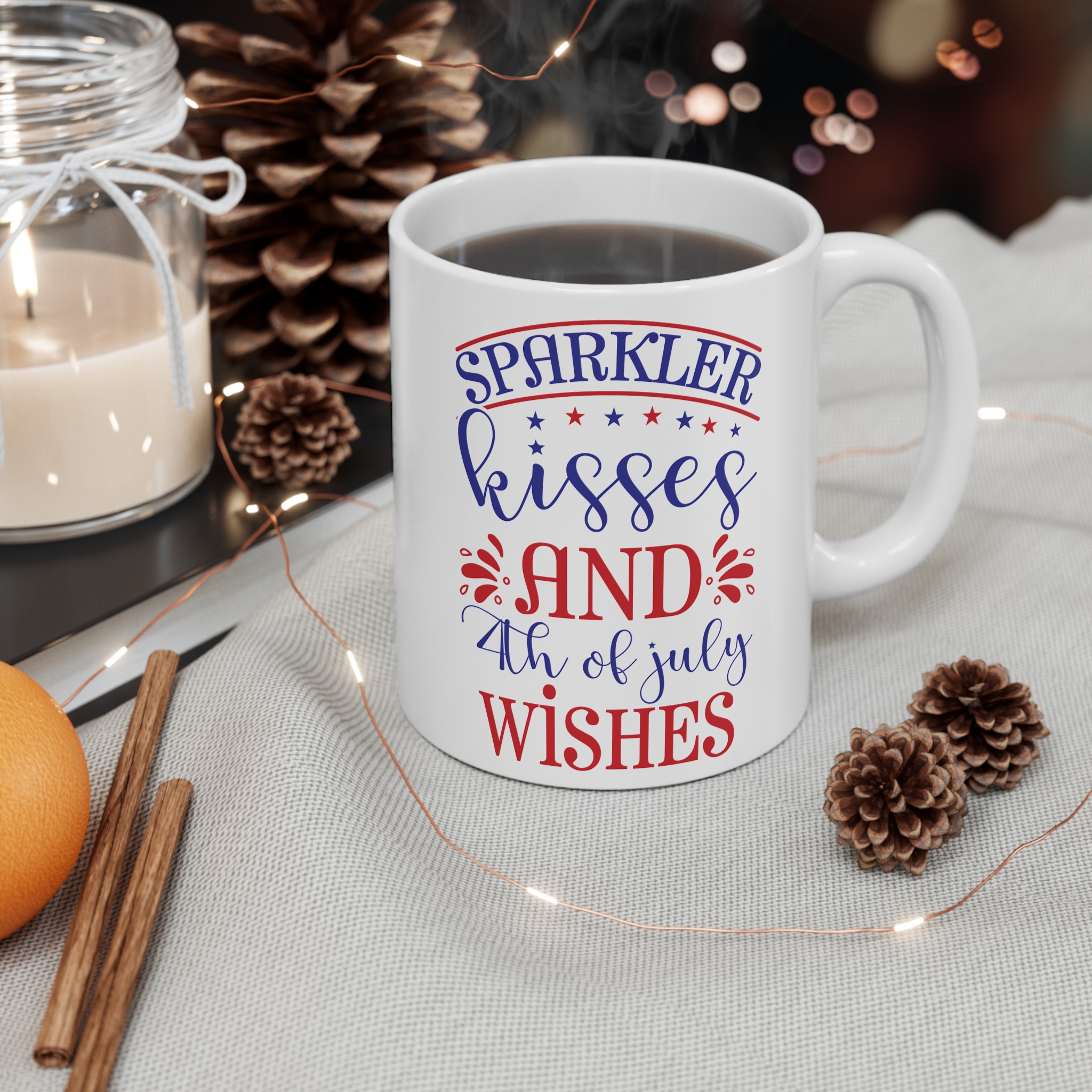 4th of July Coffee Mug — "Sparkler Kisses and 4th of July Wishes" Patriotic Red & Blue Ceramic Mug