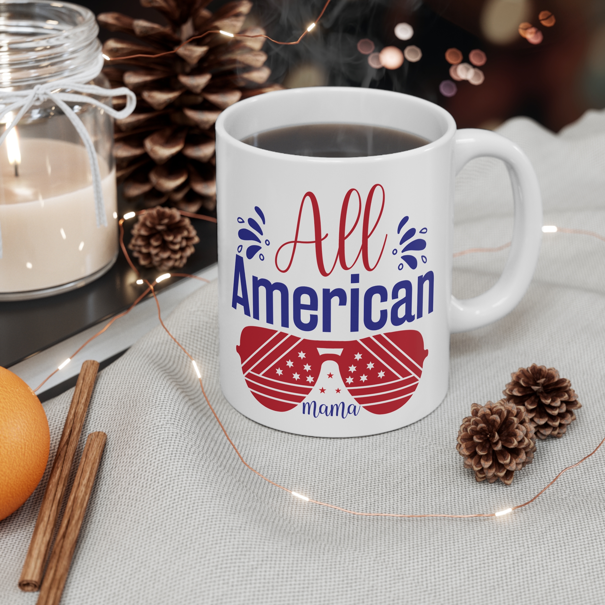 All American Mama Mug — Patriotic 11oz Coffee Cup (Red, White & Blue)