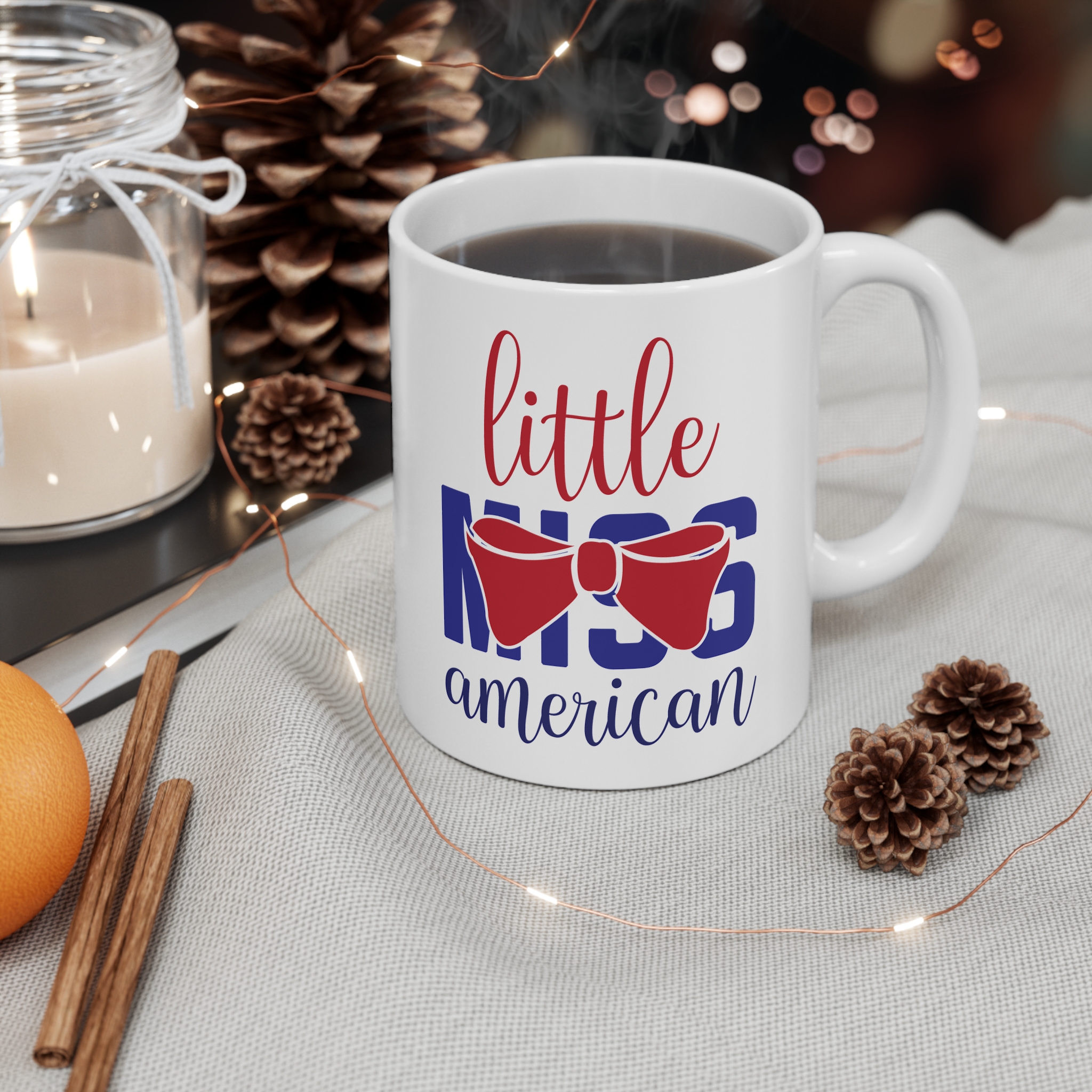Little Miss American 11oz Coffee Mug - Patriotic Bow Tea Cup, 4th of July Gift